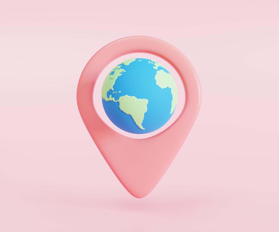 Pink location pin sign icon and earth. Ready to find travel route marker, destination navigator and gps navigation road direction map. Modern technology symbol. 3D rendering. photo