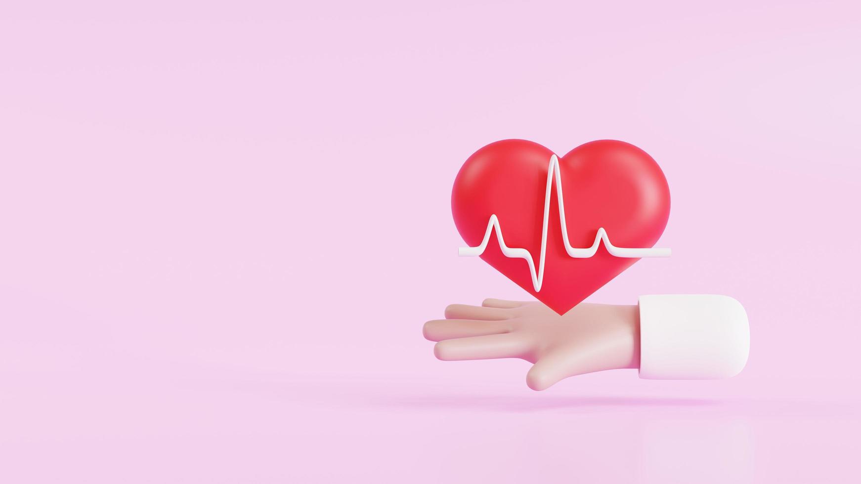 ondas de latidos del corazón. en una mano de dibujos animados. conceptos de tratamiento de salud para prevenir enfermedades del corazón. ilustración 3d foto