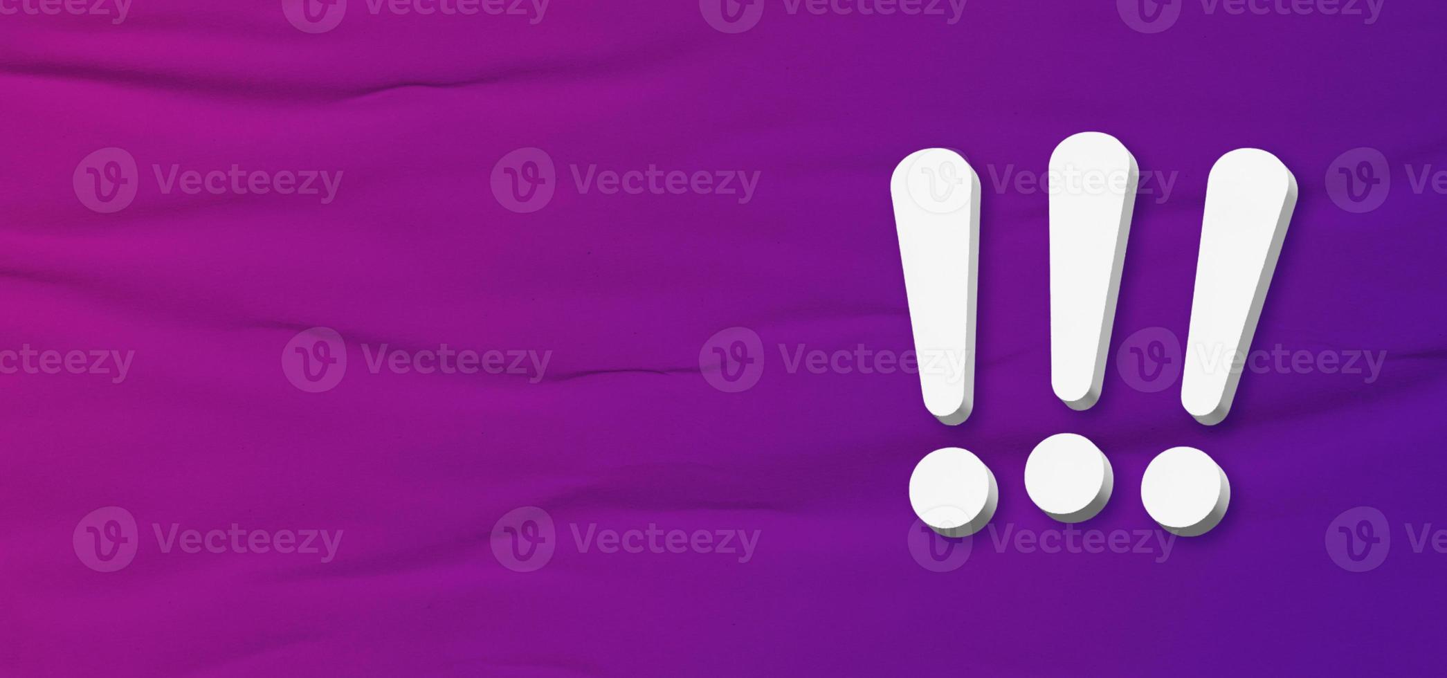 Three exclamation marks on horizontal textured purple background with empty space for message. photo