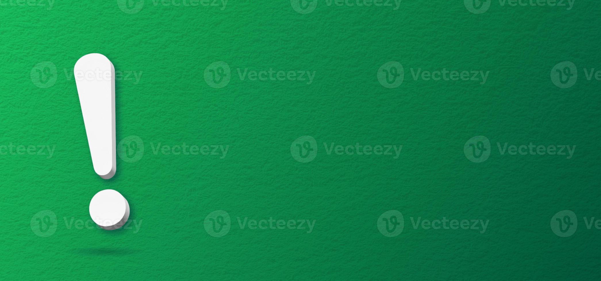 3d exclamation mark on horizontal green textured background with empty space for text. photo