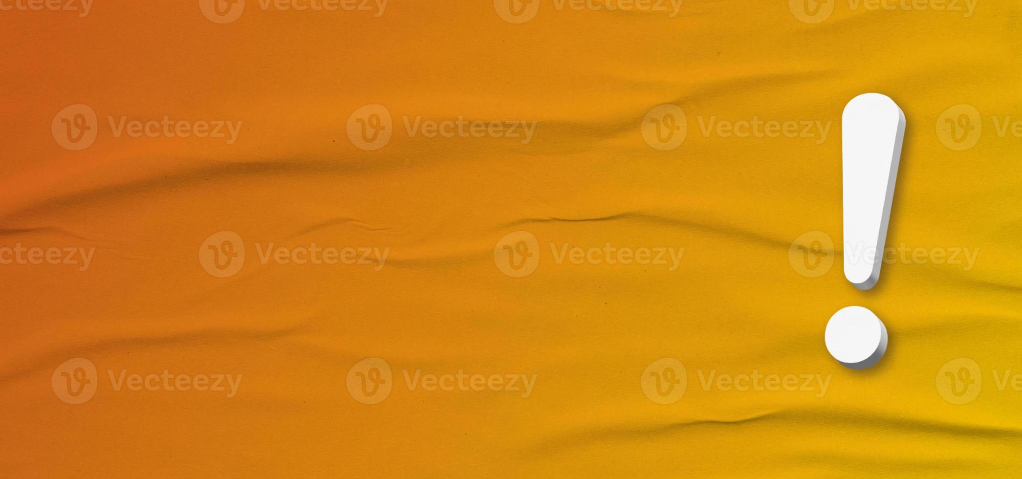 3d exclamation mark on horizontal orange paper background with empty space for text. photo