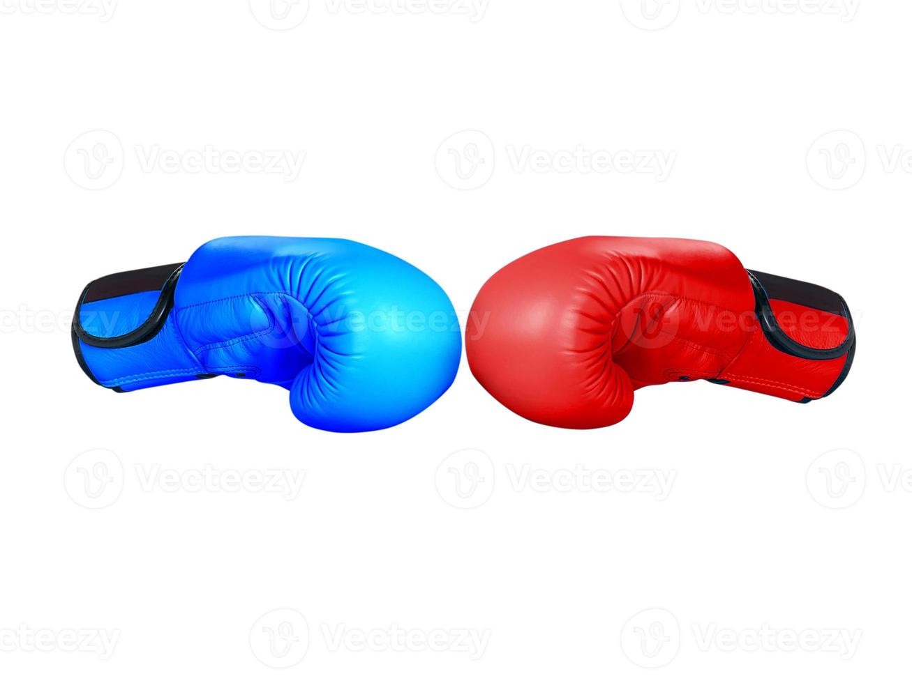 Red and blue boxing gloves hitting each other isolated on white background. photo