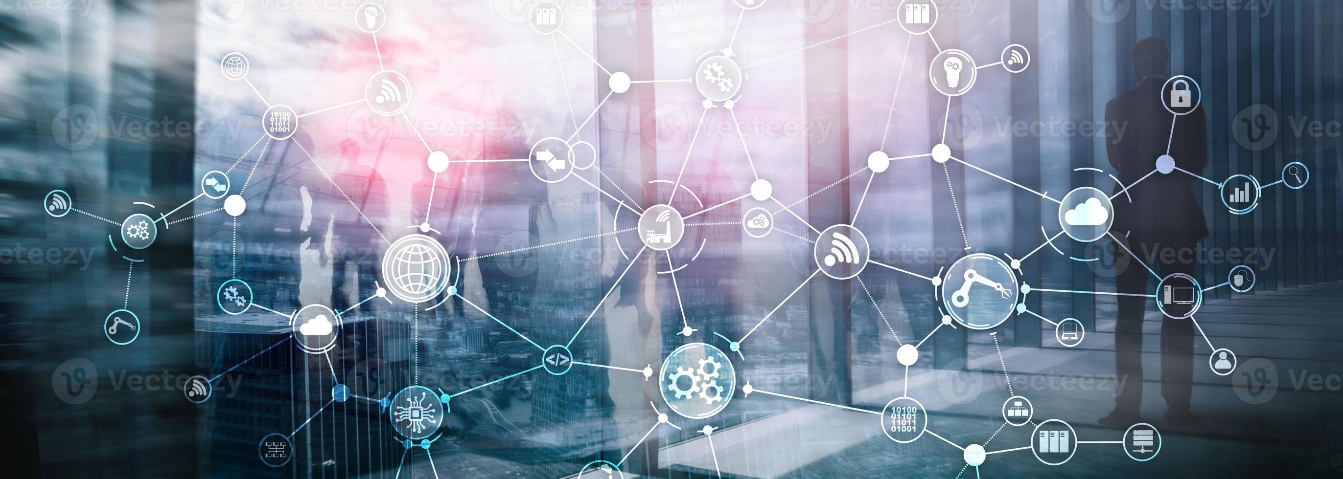 Technology industrial business process workflow organisation structure on virtual screen. IOT smart industry concept mixed media diagram. photo