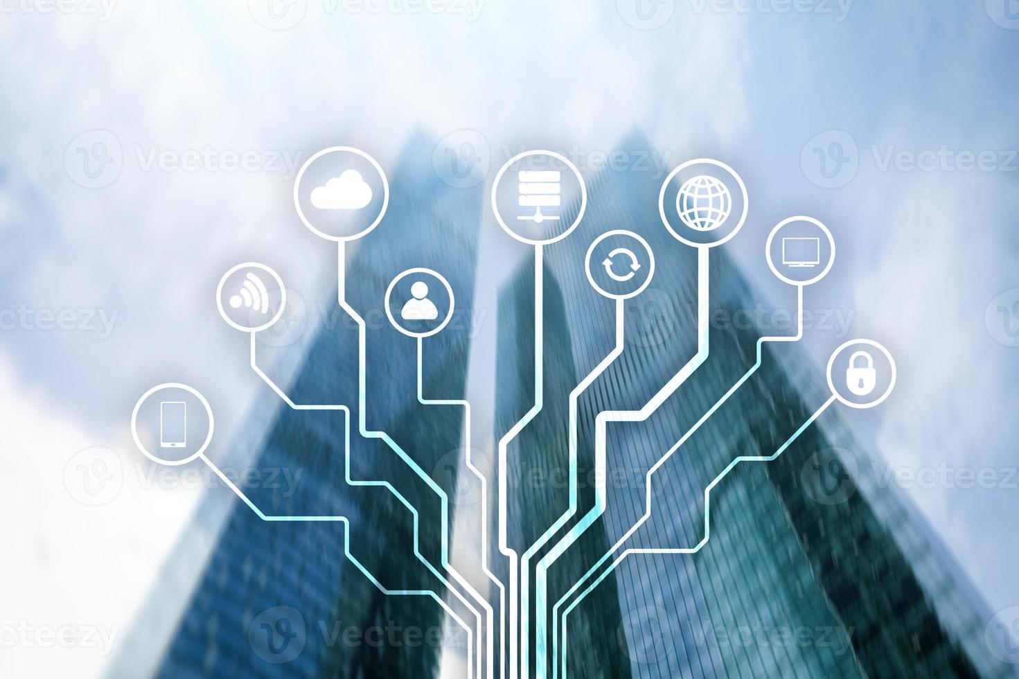 Telecommunication and IOT concept on blurred business center background. photo