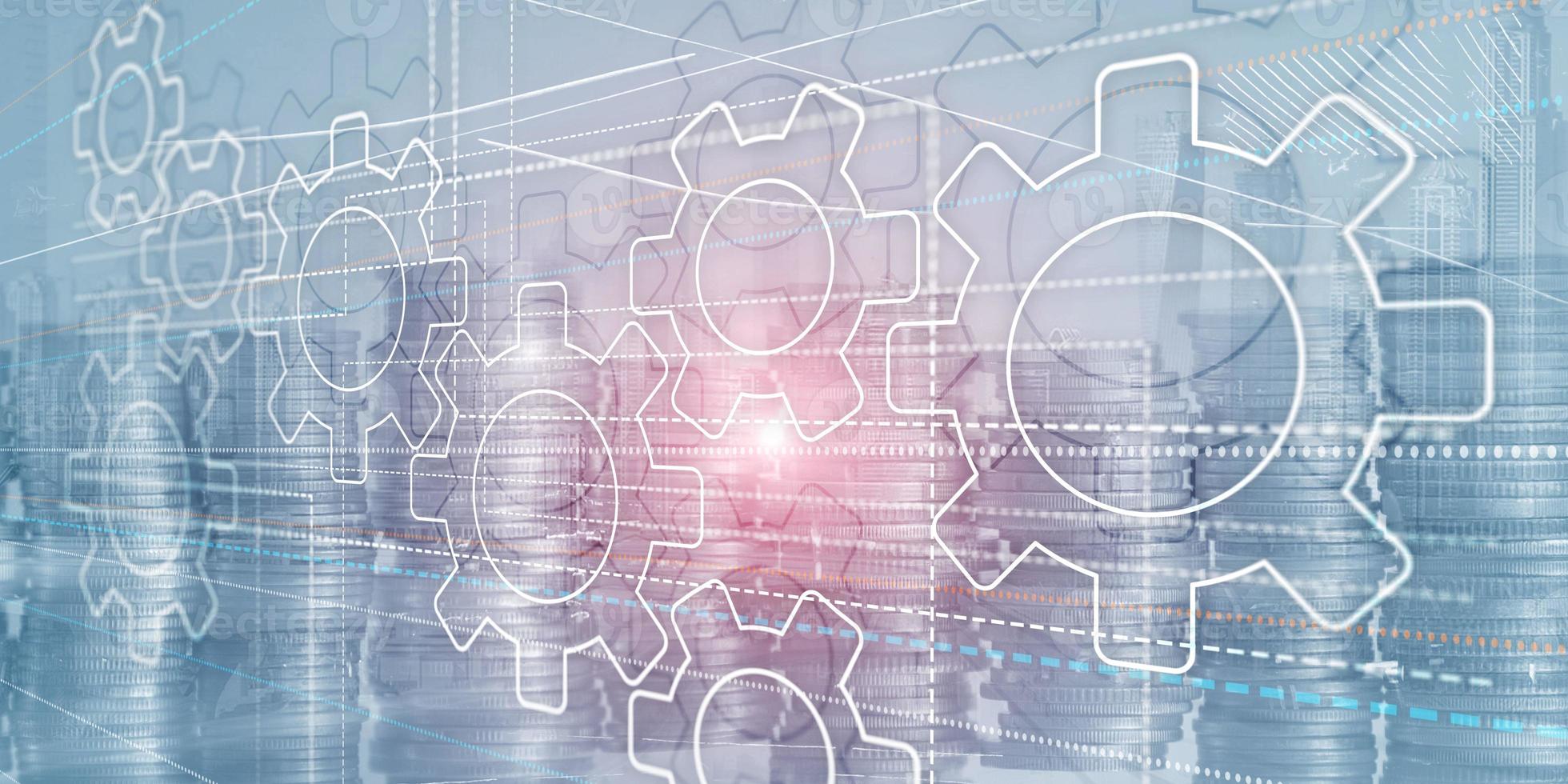 Business technology internet concept double exposure gears abstract background photo
