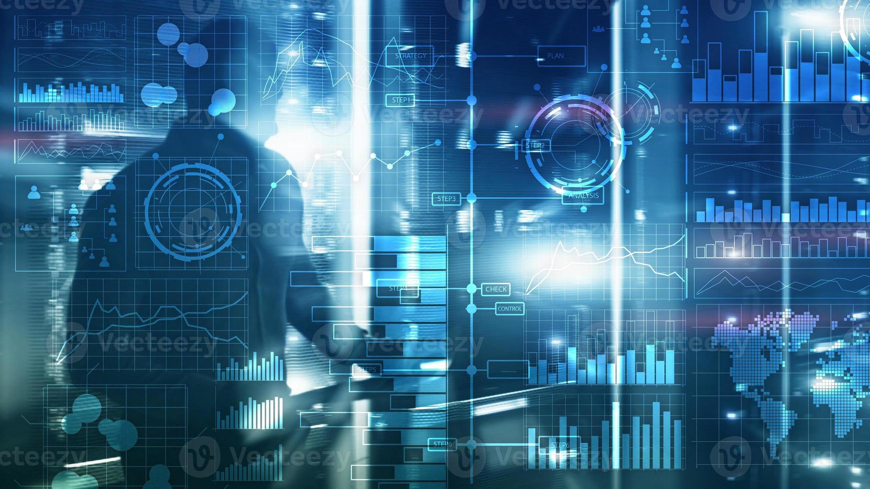 Business intelligence. Diagram, Graph, Stock Trading, Investment dashboard, transparent blurred background photo