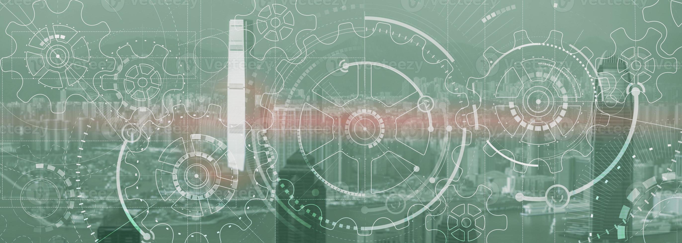 Business technology concept. Cogwheel Gears Mechanism with modern city view. Website panoramic header background. photo