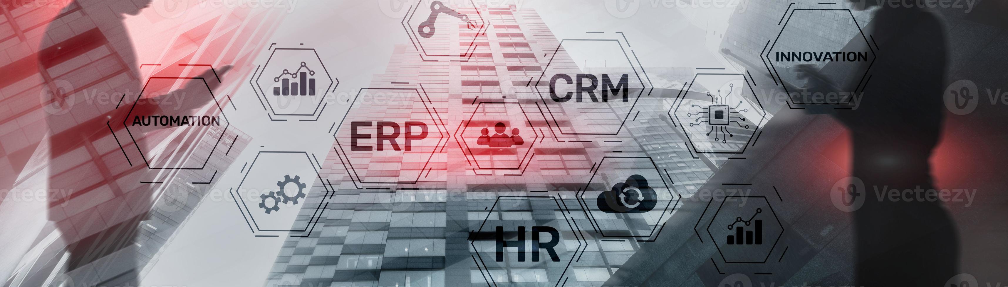 Erp Crm Hr Innovation inscriptions and icons on business background. photo