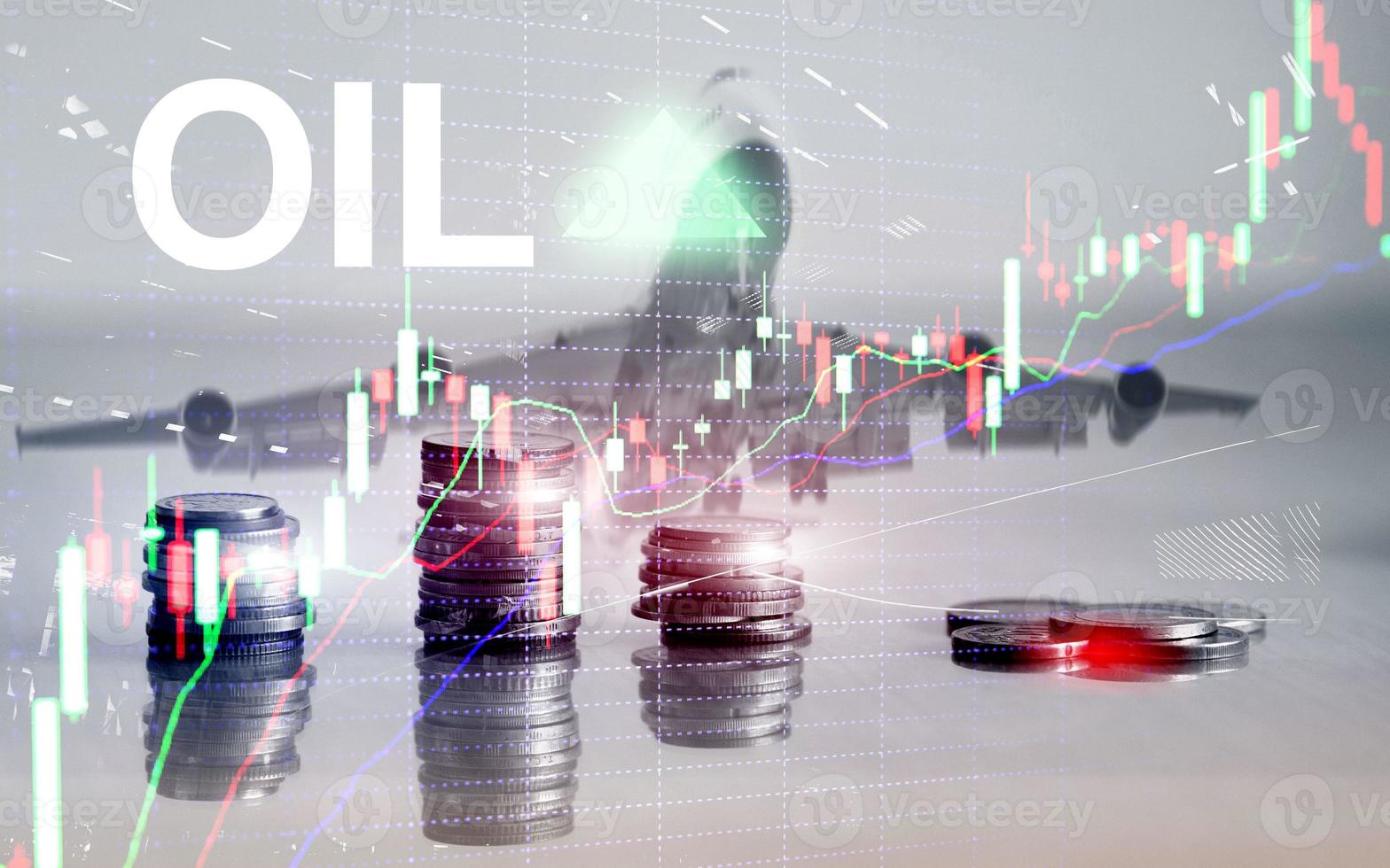 Oil trend up. Crude oil price stock exchange trading up. Price oil up. Arrow rises. Abstract business background. coins on city background photo