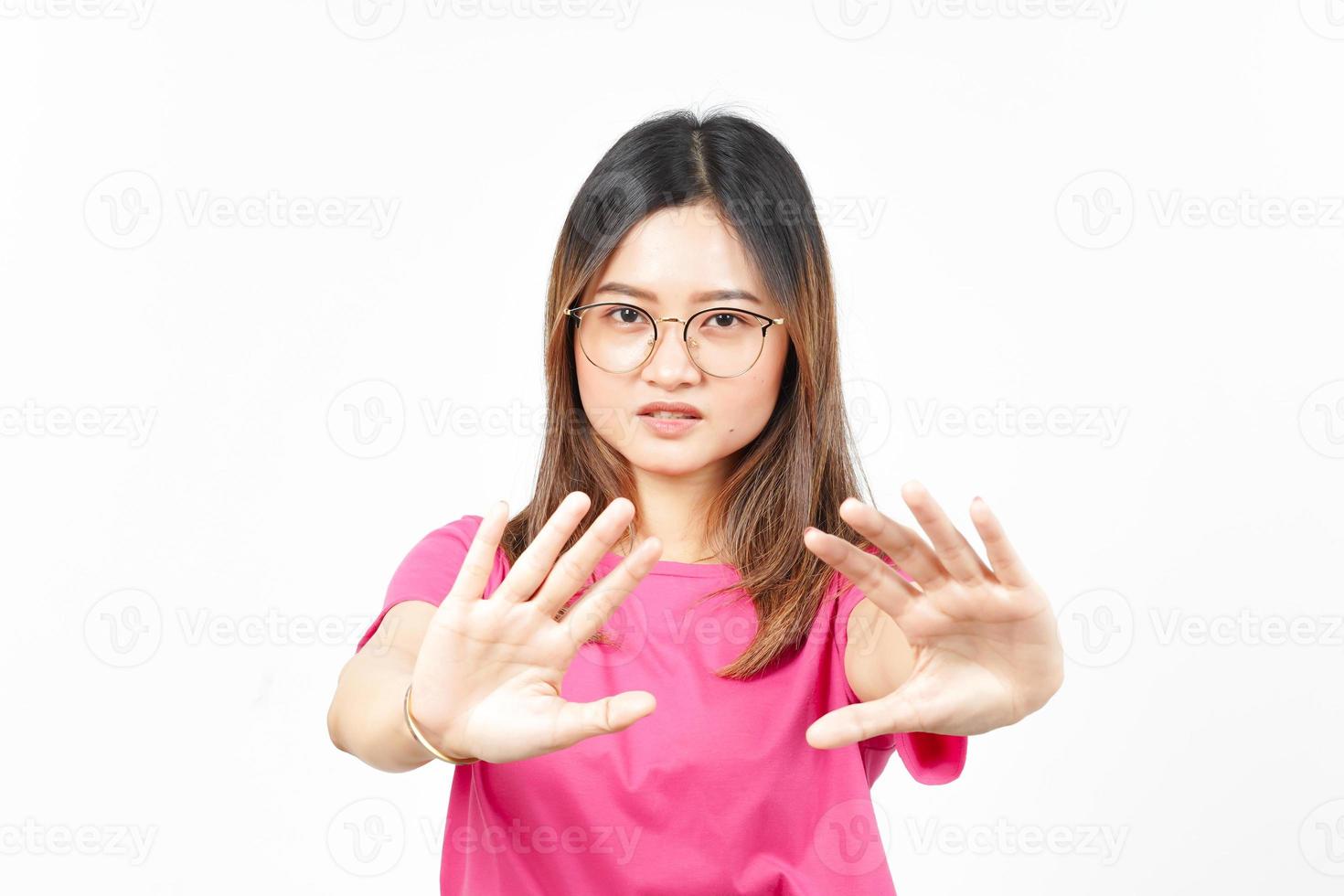 STOP or Rejection Gesture Of Beautiful Asian Woman Isolated On White Background photo