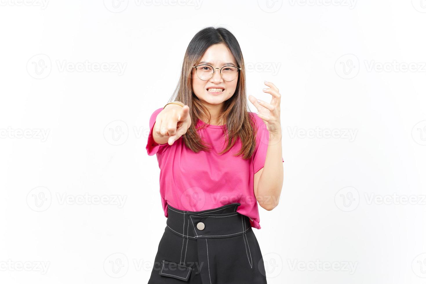 Pointing and You and Angry face expression Of Beautiful Asian Woman Isolated On White Background photo