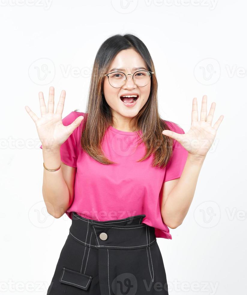 Shock and Happy face Expression Of Beautiful Asian Woman Isolated On White Background photo