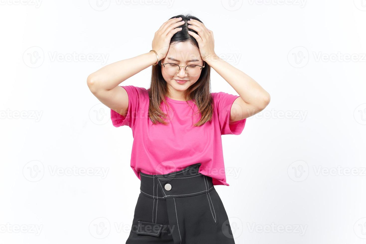 Suffering Headache Of Beautiful Asian Woman Isolated On White Background photo