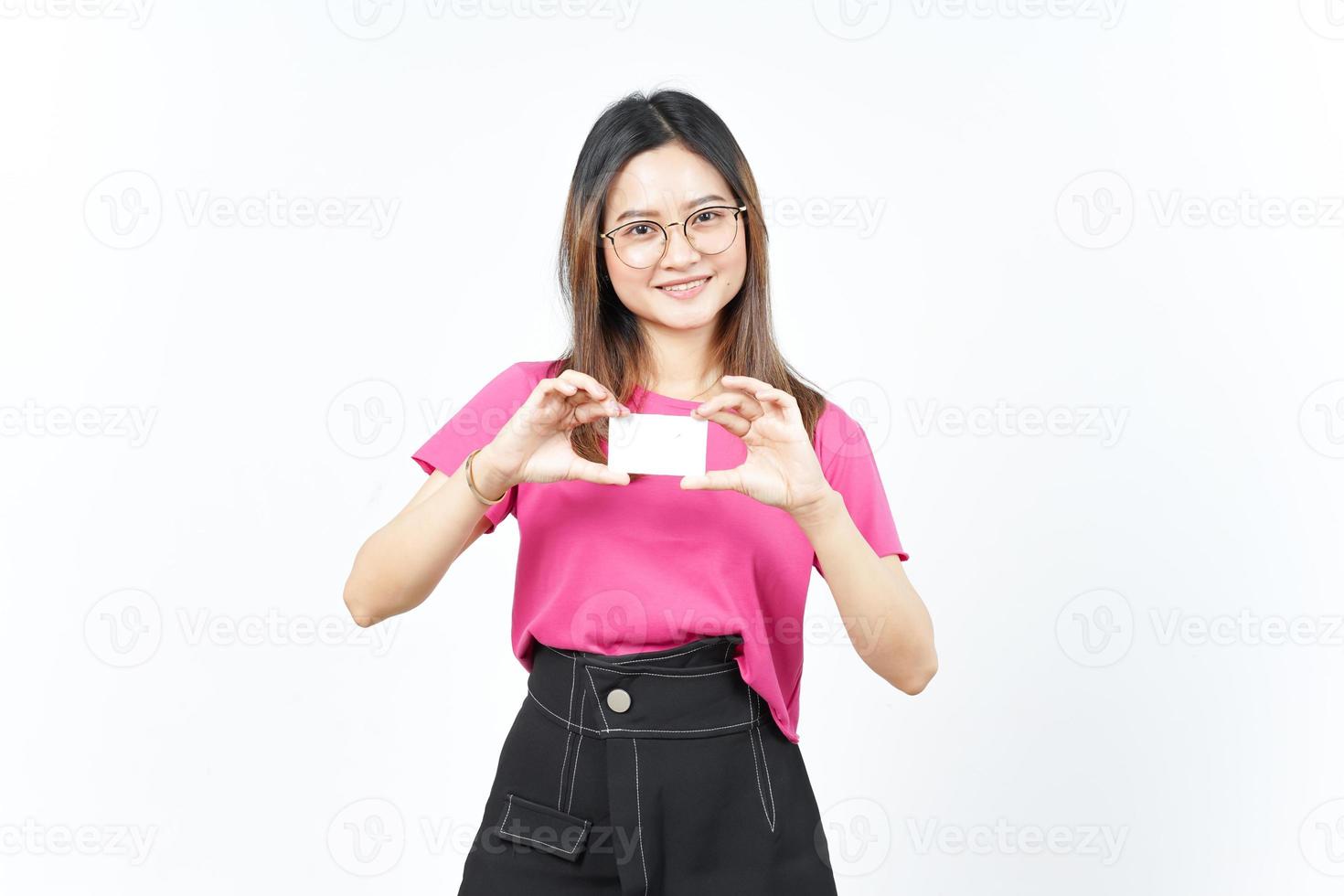 Holding Blank Bank Card Or Credit Card Of Beautiful Asian Woman Isolated On White Background photo