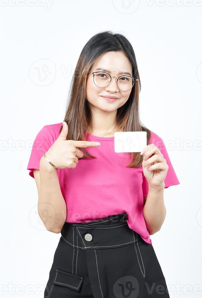 Holding Blank Bank Card Or Credit Card Of Beautiful Asian Woman Isolated On White Background photo