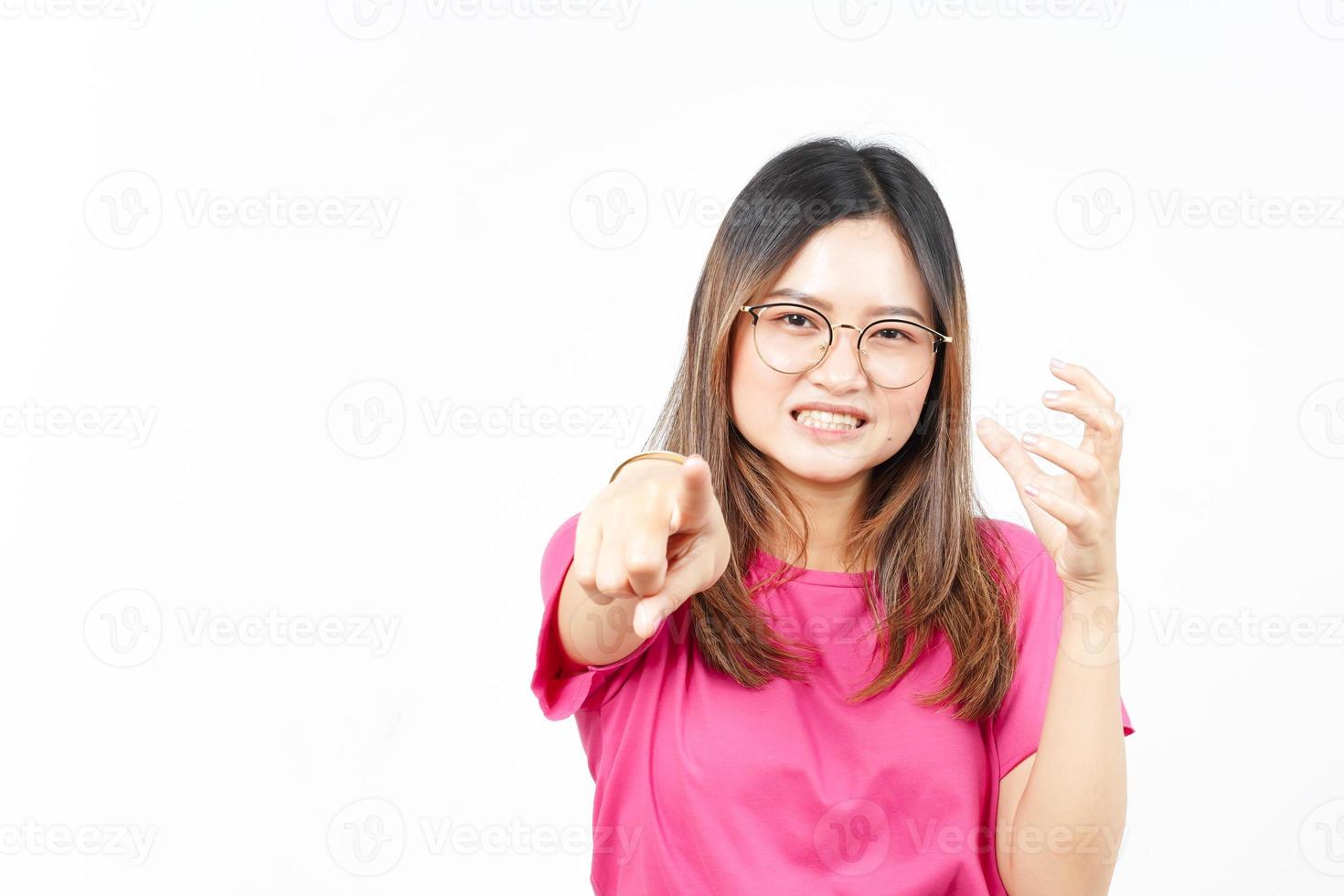 Pointing and You and Angry face expression Of Beautiful Asian Woman Isolated On White Background photo