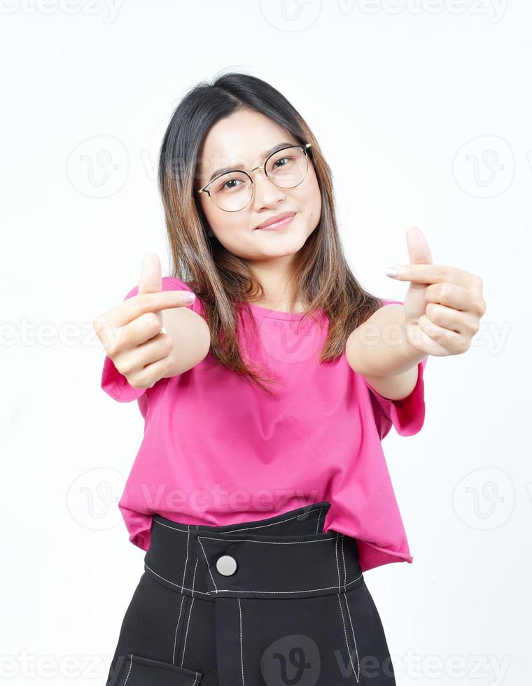 Showing Korean love finger Of Beautiful Asian Woman Isolated On White Background photo