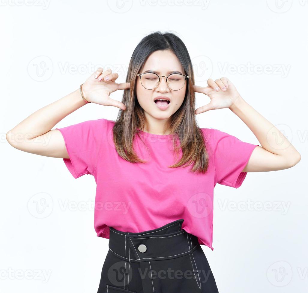 Hears bothering noise Of Beautiful Asian Woman Isolated On White Background photo