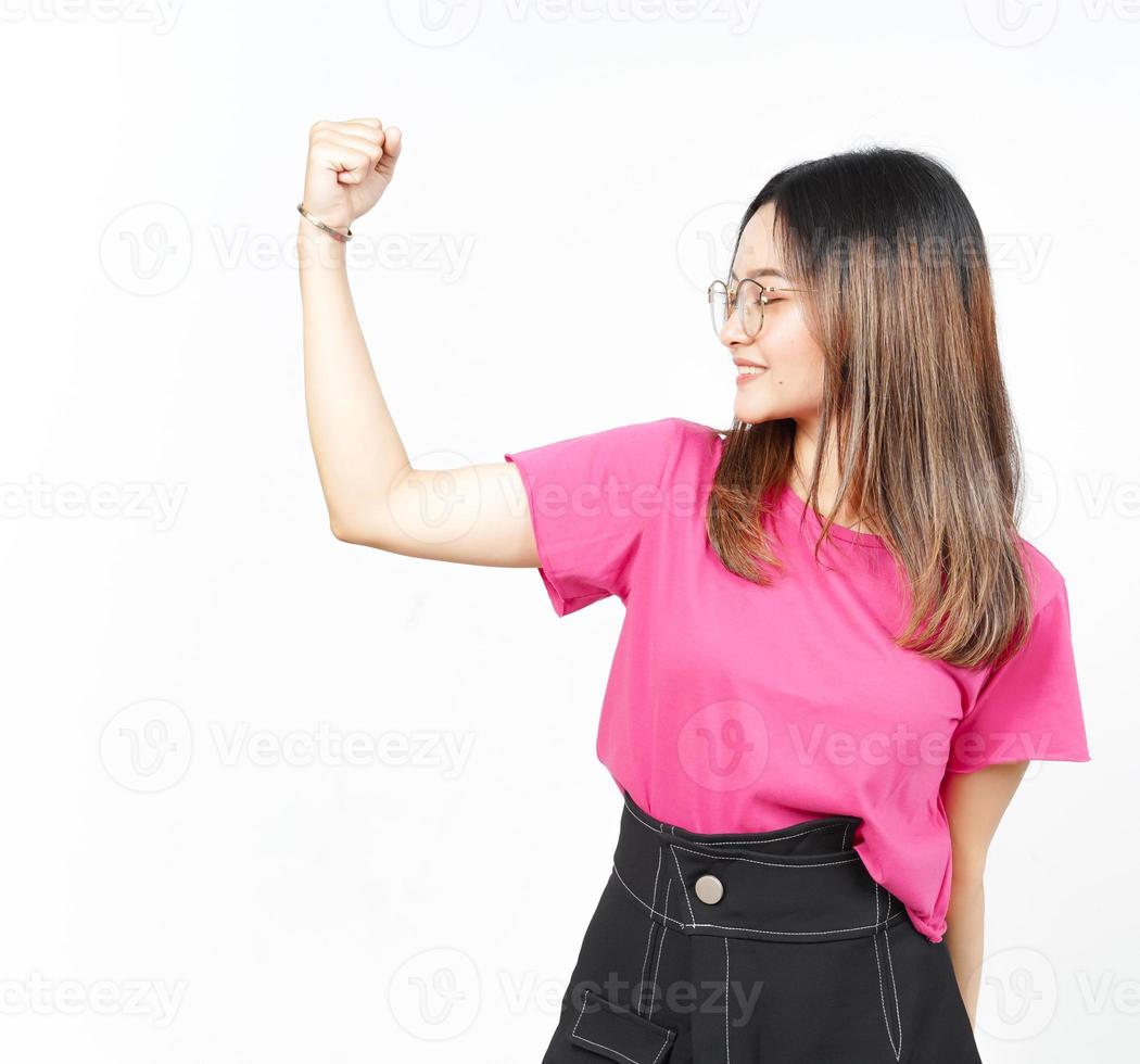 Showing strength and rise arms Of Beautiful Asian Woman Isolated On White Background photo