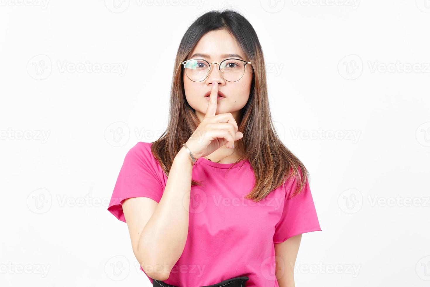 Shh Be Quiet Of Beautiful Asian Woman Isolated On White Background photo