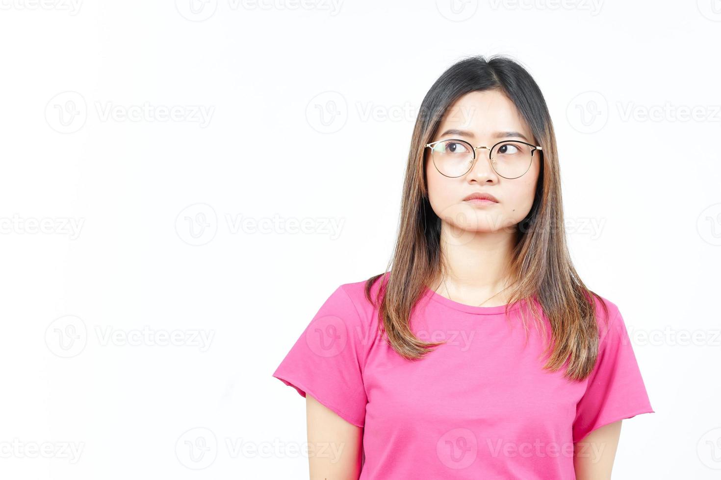 Look away with angry face expression Of Beautiful Asian Woman Isolated On White Background photo