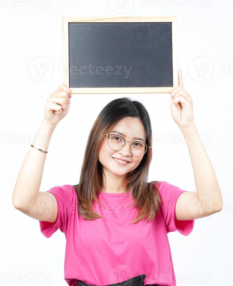 Showing, Presenting and holding Blank Blackboard Of Beautiful Asian Woman Isolated On White photo