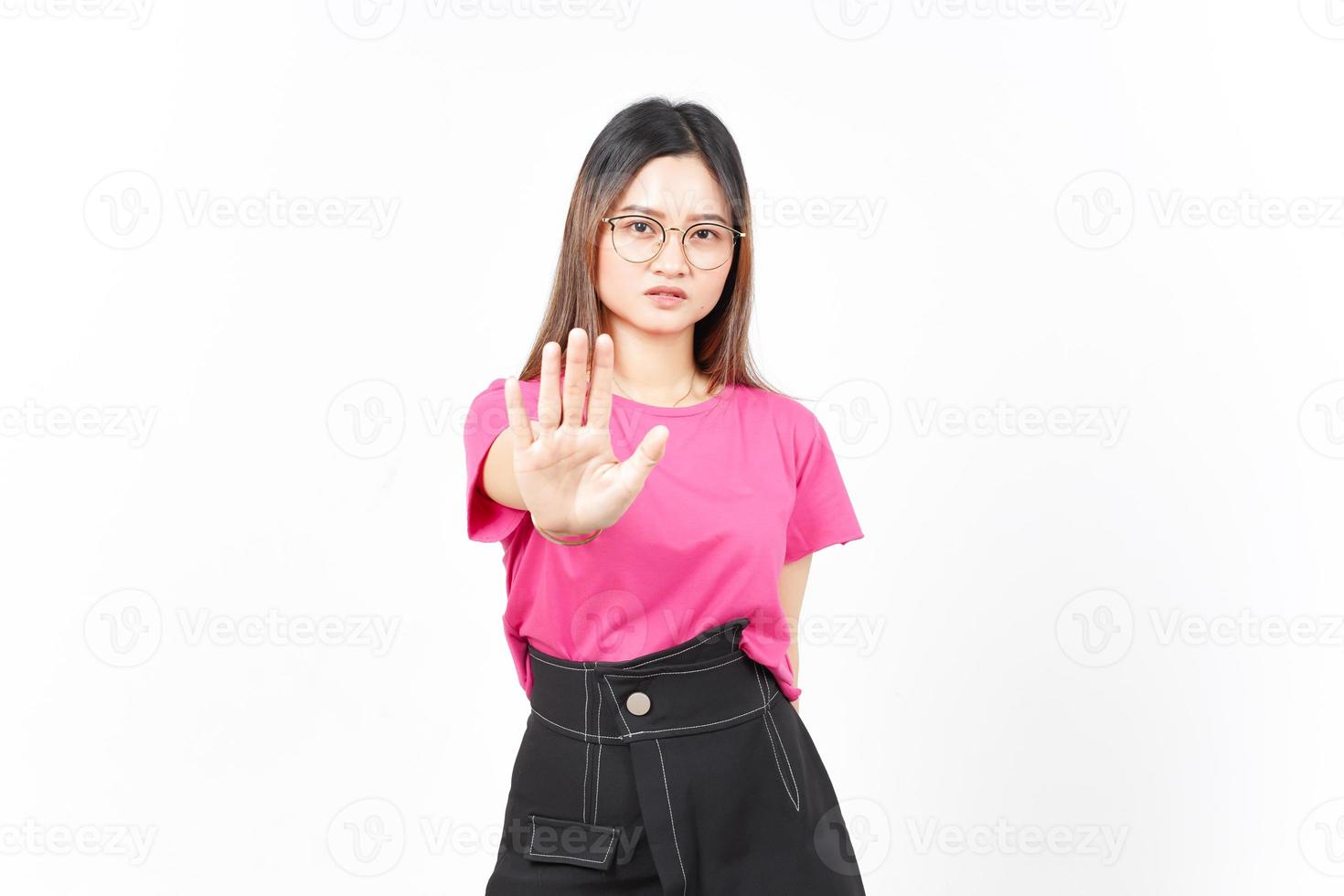 STOP or Rejection Gesture Of Beautiful Asian Woman Isolated On White Background photo