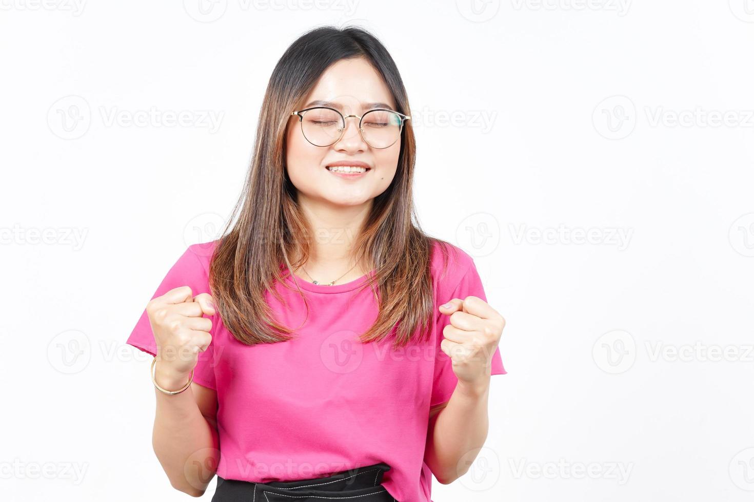 Yes Celebration Gesture Of Beautiful Asian Woman Isolated On White Background photo