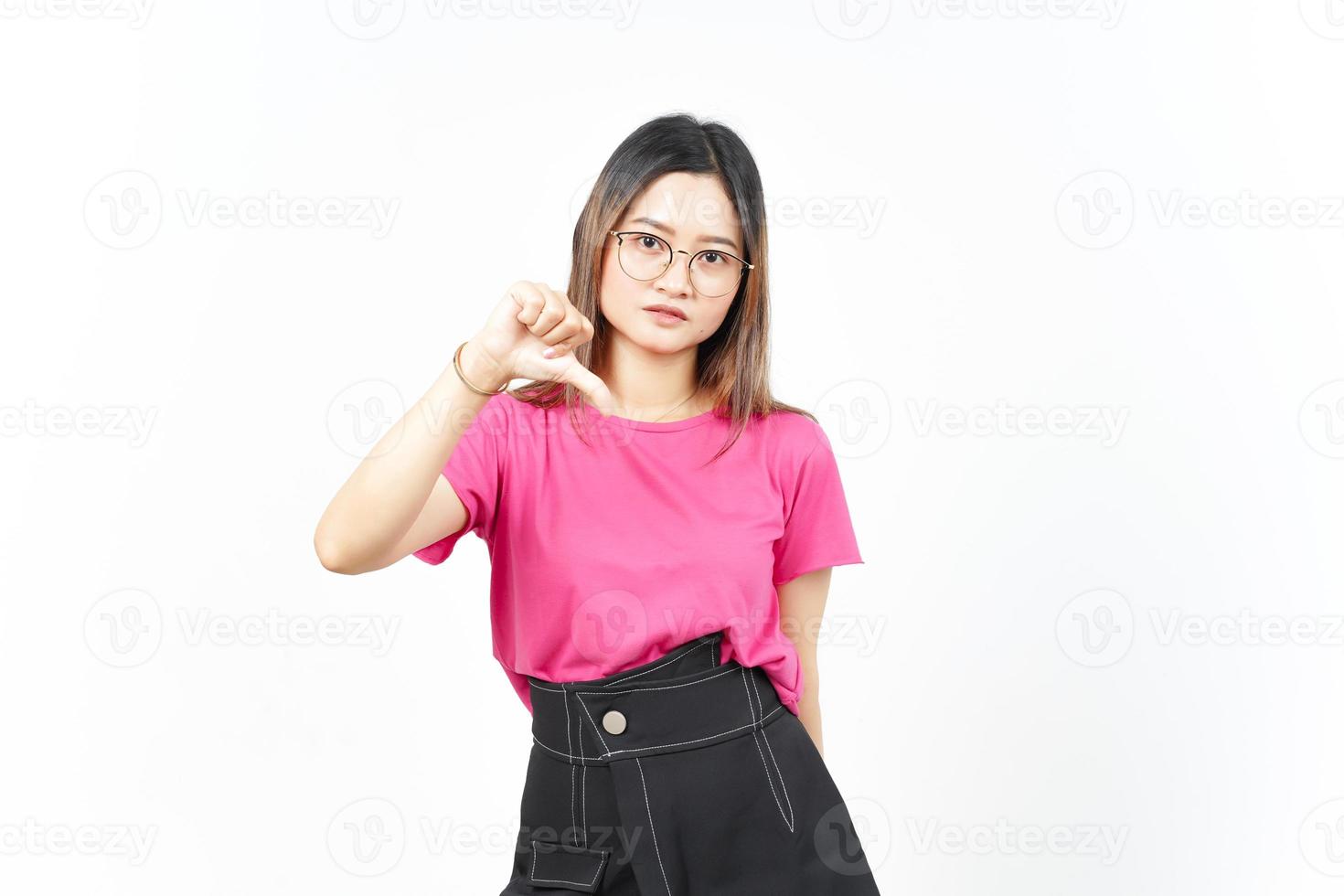 Showing Thumbs Down Of Beautiful Asian Woman Isolated On White Background photo