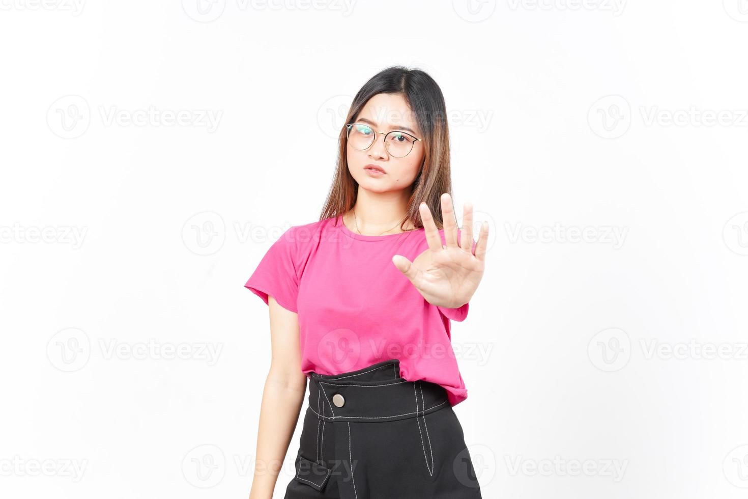 STOP or Rejection Gesture Of Beautiful Asian Woman Isolated On White Background photo