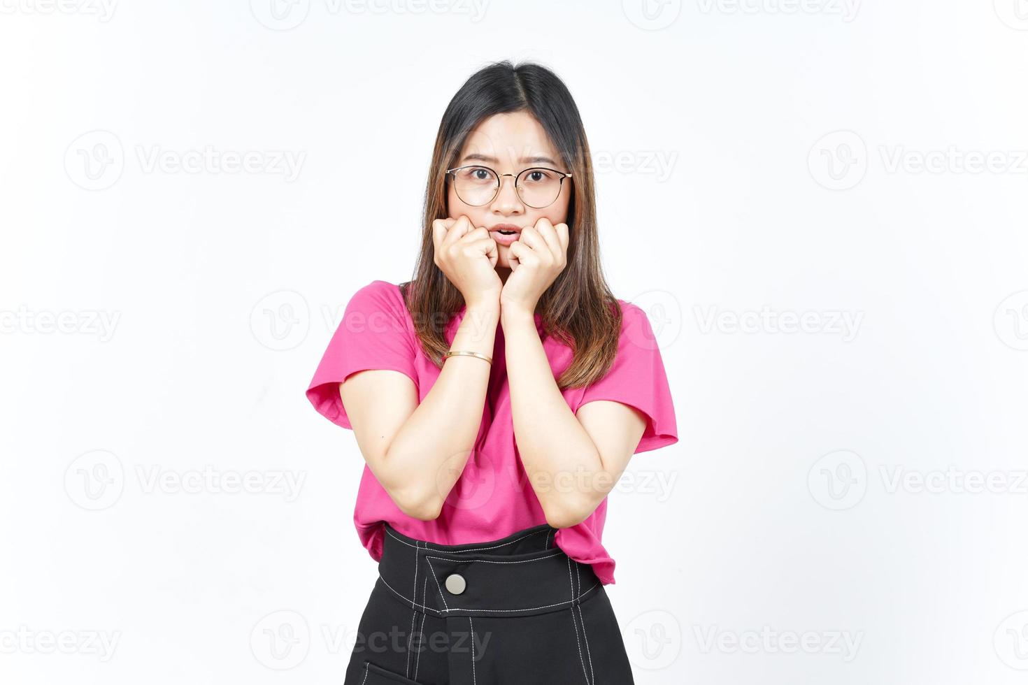 WOW face Expression and hands on cheek Of Beautiful Asian Woman Isolated On White Background photo