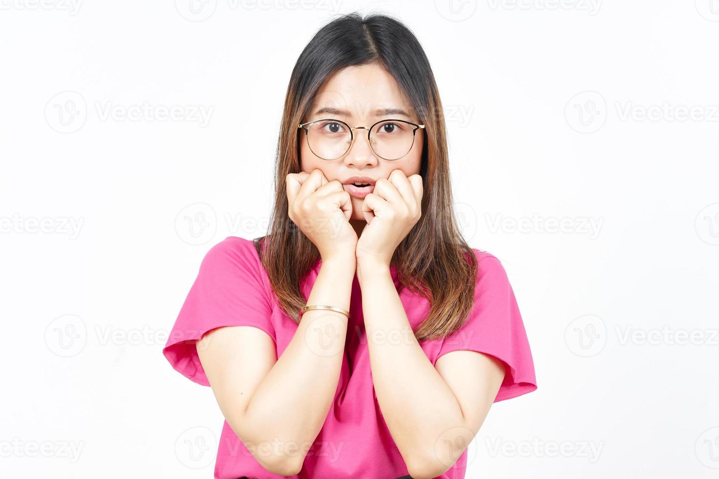 WOW face Expression and hands on cheek Of Beautiful Asian Woman Isolated On White Background photo