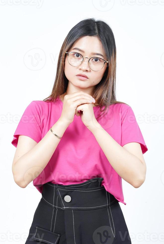 Folding Hands for say Sorry Of Beautiful Asian Woman Isolated On White Background photo