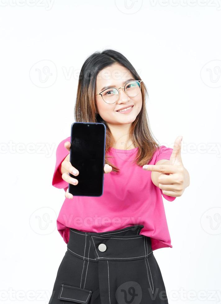 Showing Apps or Ads On Blank Screen Smartphone Of Beautiful Asian Woman Isolated On White Background photo