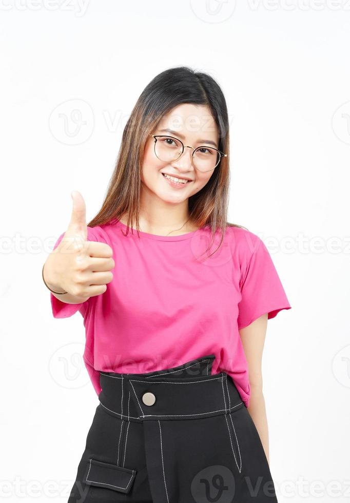 Showing Thumbs Up Sign Of Beautiful Asian Woman Isolated On White Background photo