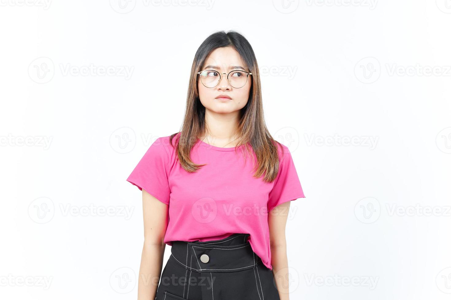 Look away with angry face expression Of Beautiful Asian Woman Isolated On White Background photo