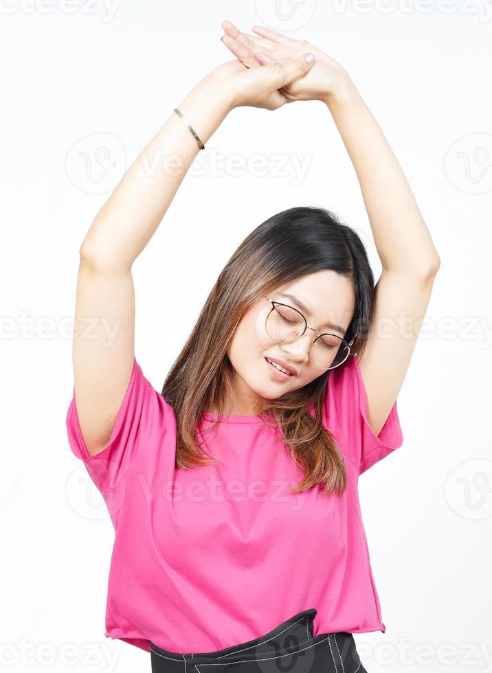 Wake Up Stretch Of Beautiful Asian Woman Isolated On White Background photo