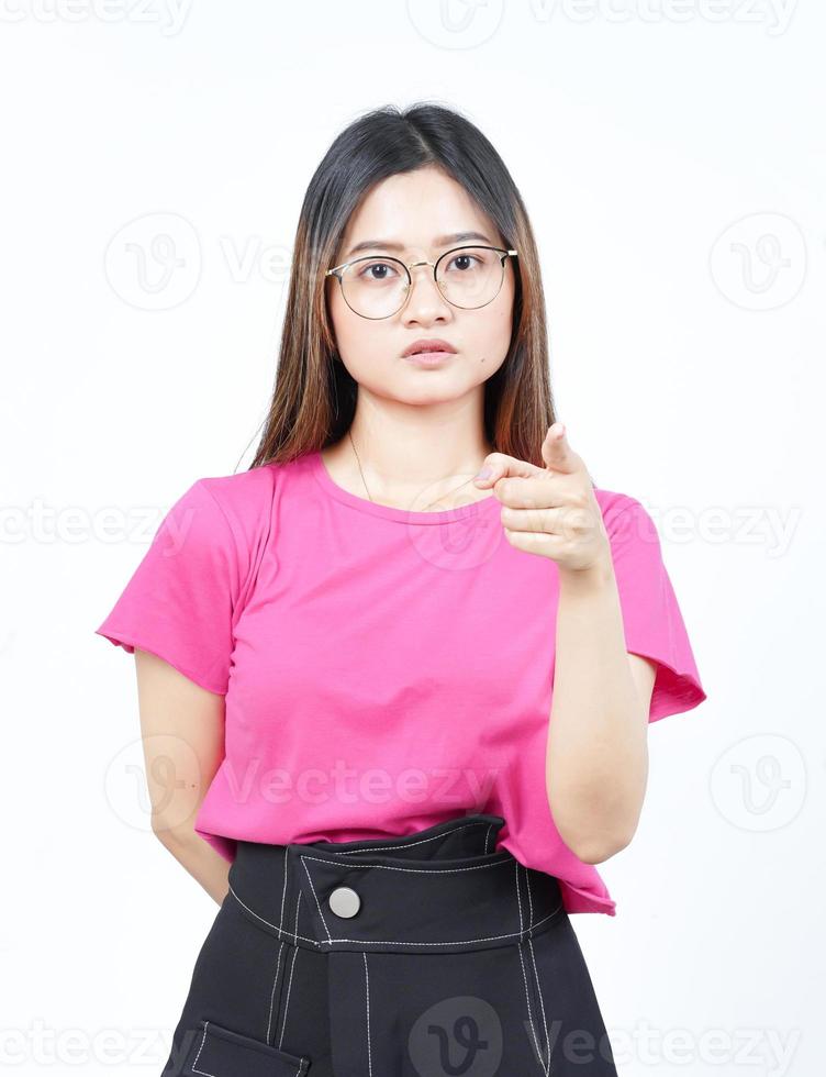 Angry face expression and pointing at camera Of Beautiful Asian Woman Isolated On White Background photo