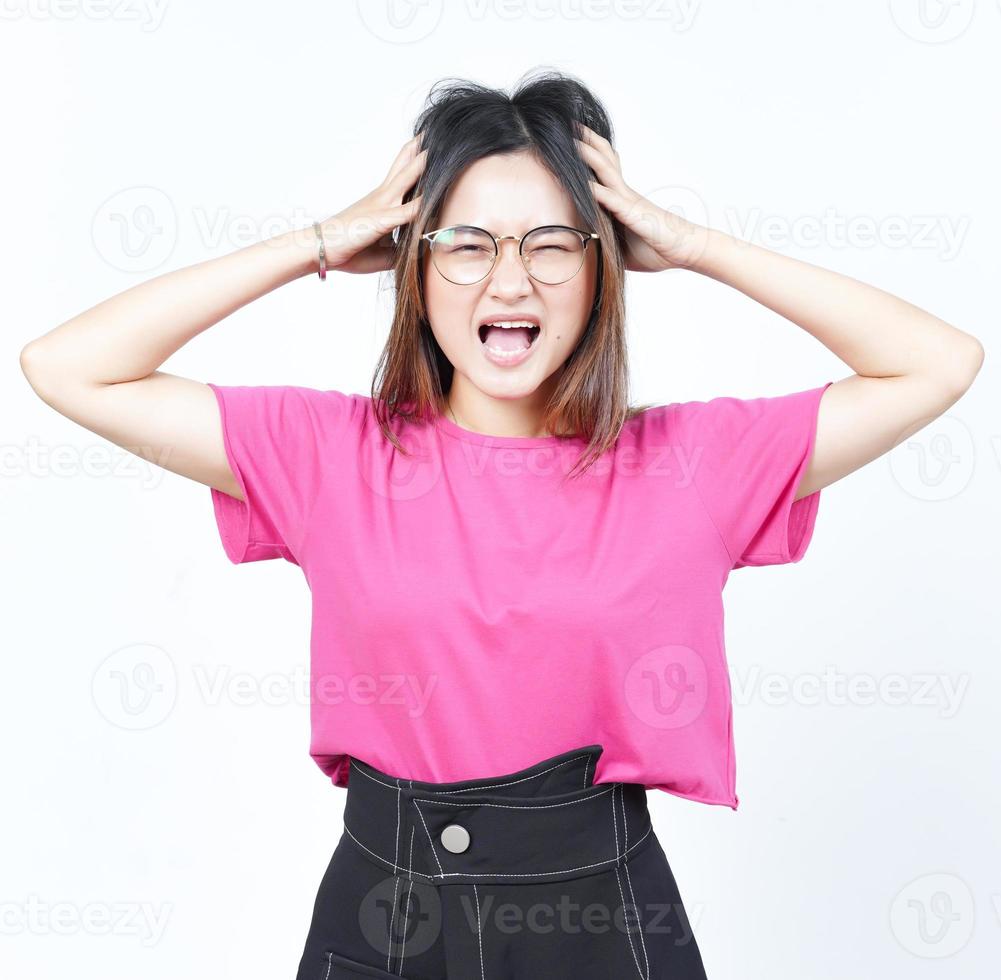 Angry Stressed and Pull Hair Of Beautiful Asian Woman Isolated On White Background photo