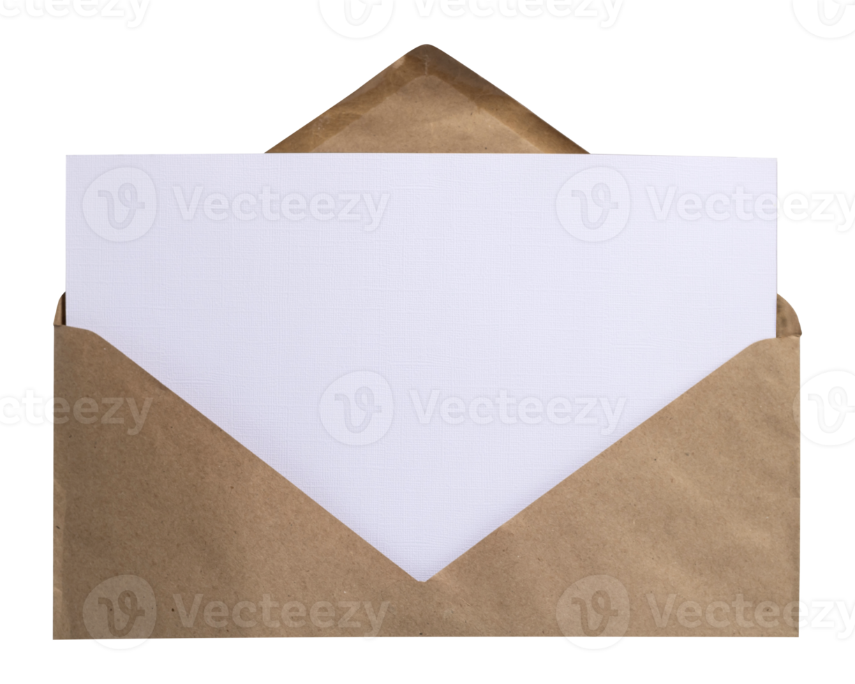 large craft envelope with a white sheet of textured paper sticking out from the inside horizontal photo isolate. mock up envelope with blank sheet png