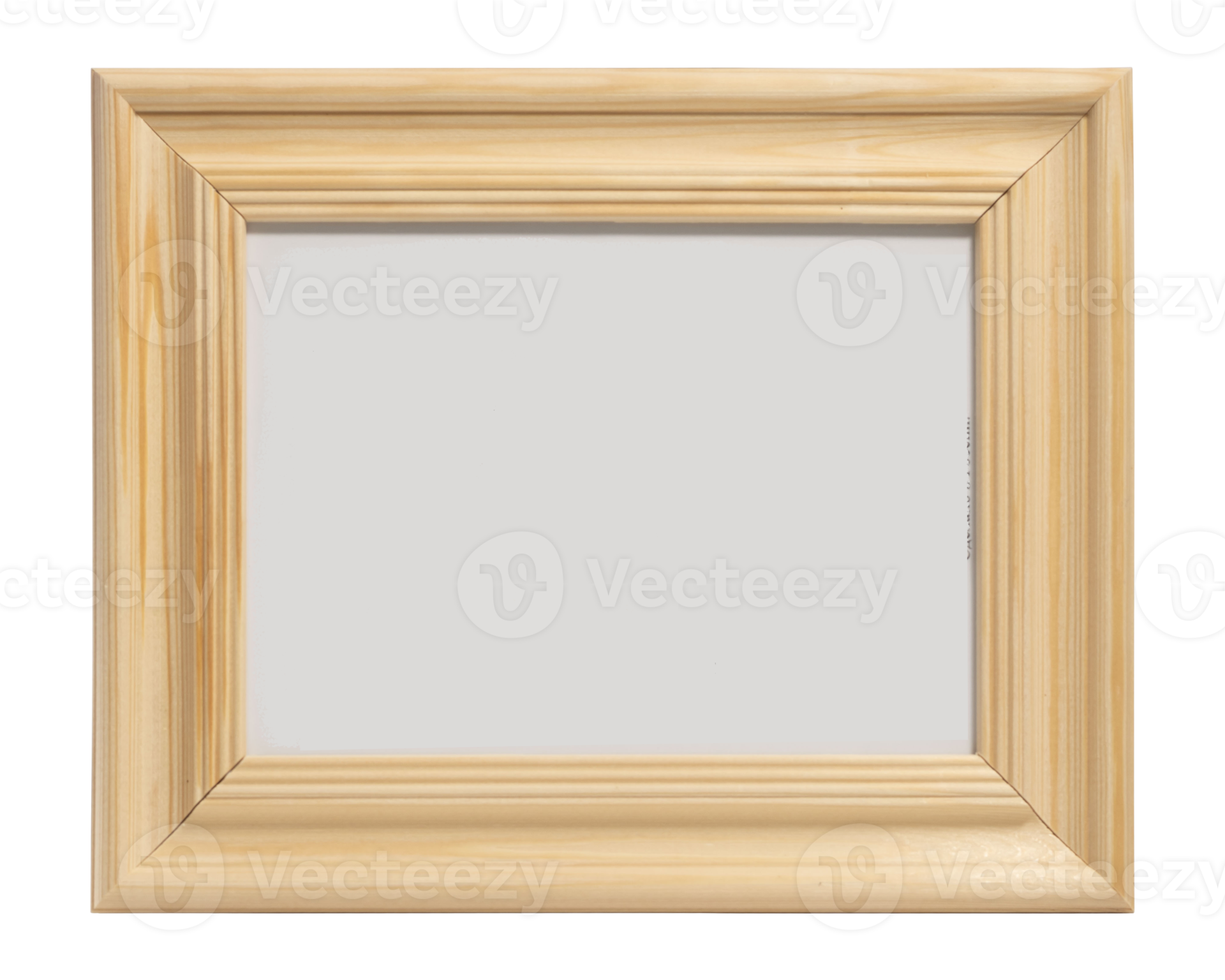 wide wooden frame made of light wood photo isolate. horizontal photo frame with white center