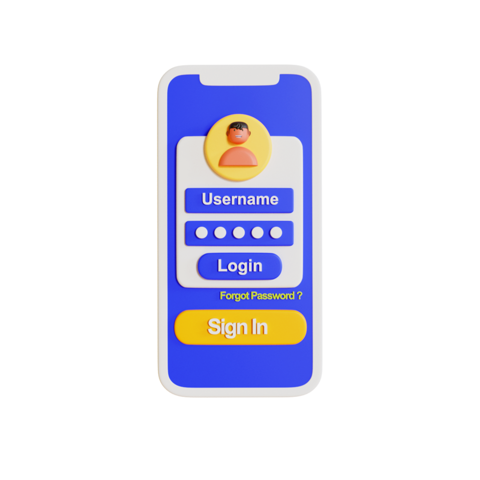 téléphone 3d avec un compte utilisateur pour se connecter au site Web sur fond transparent png