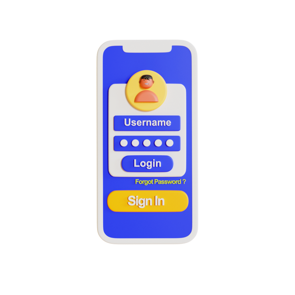 Telefone 3D com uma conta de usuário para entrar no site em fundo transparente png
