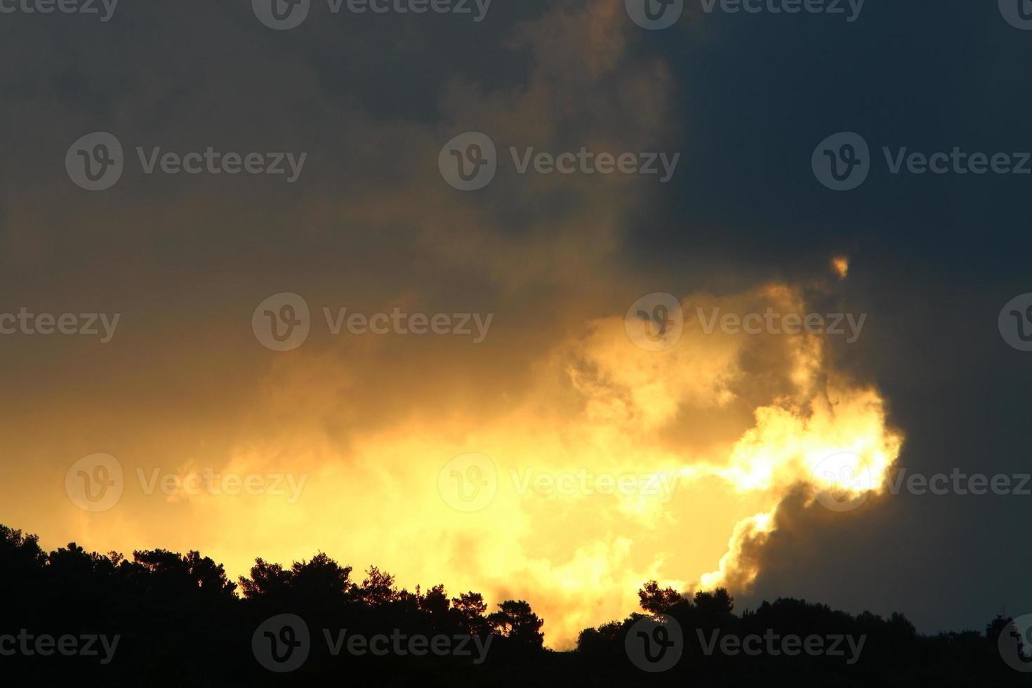 Rain clouds in the sky above the forest. photo