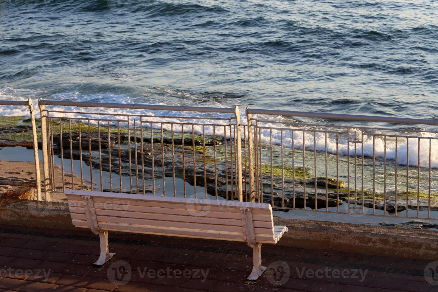 Bench for rest in the city park on the seashore. photo