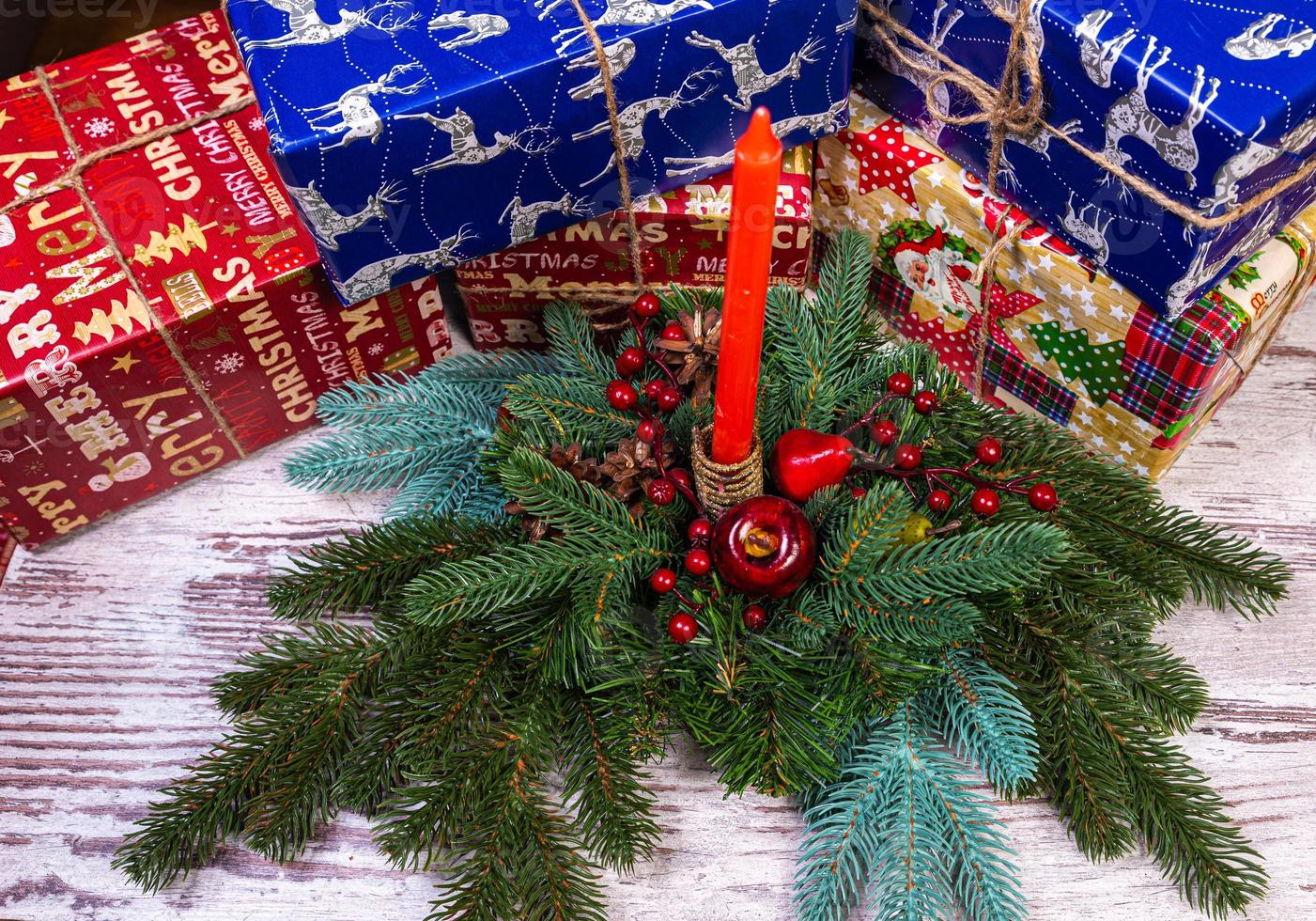 Christmas wreaths with four candles. Market of decor . Lots of christmas decoration in store. Christmas shopping for new year tree. photo