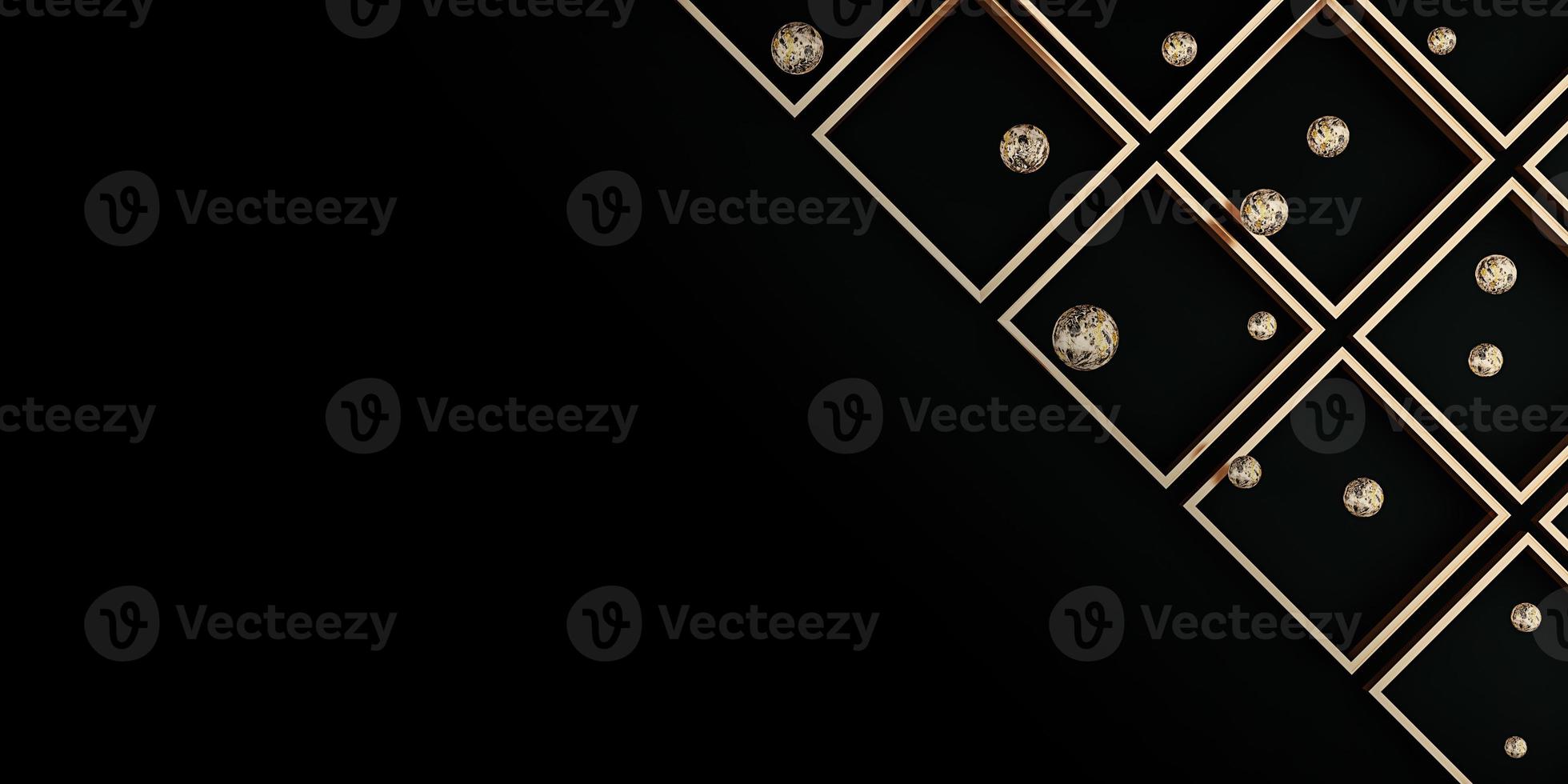 Golden frame and golden ball on a black background Empty golden frame and background simple minimalist style interior backdrop Space for text 3D illustration photo