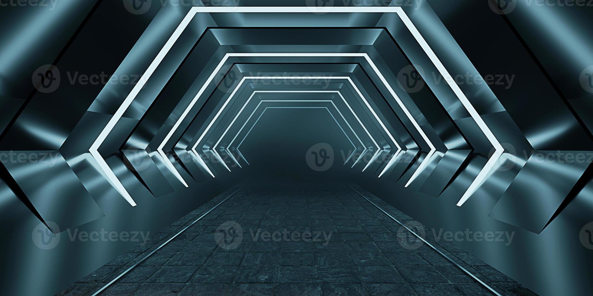 Sci Fy Neon Glow Dark Corridor spaceship corridor tunnel futuristic technology Empty tunnel room with glowing neon colors background 3D illustration photo