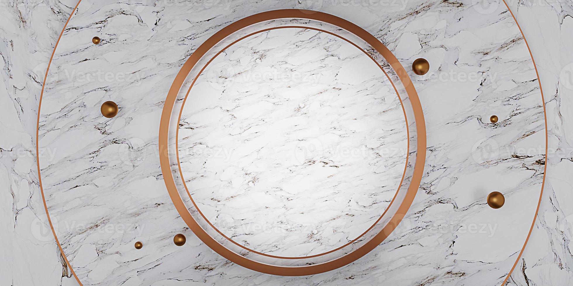 golden circle frame on the marble wall Empty golden frame and background simple minimalist style interior backdrop Space for text 3D illustration photo