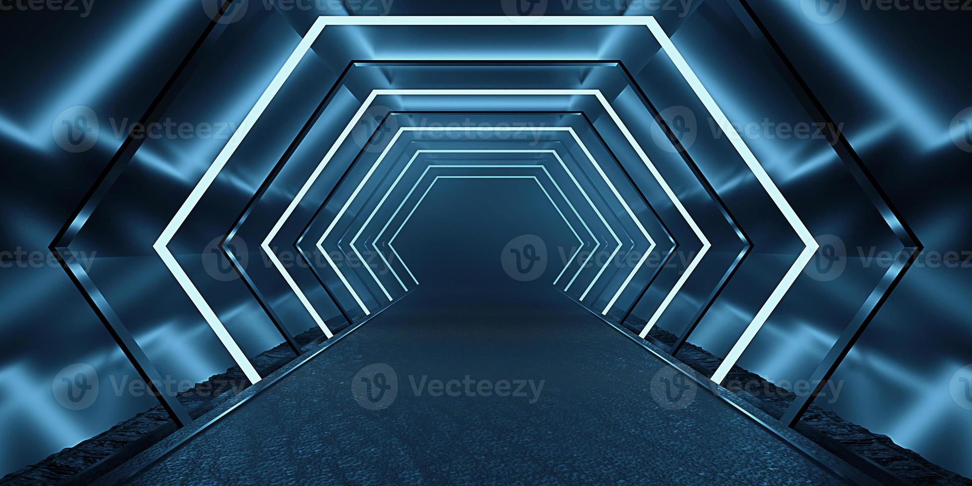 Sci Fy Neon Glow Dark Corridor spaceship corridor tunnel futuristic technology Empty tunnel room with glowing neon colors background 3D illustration photo